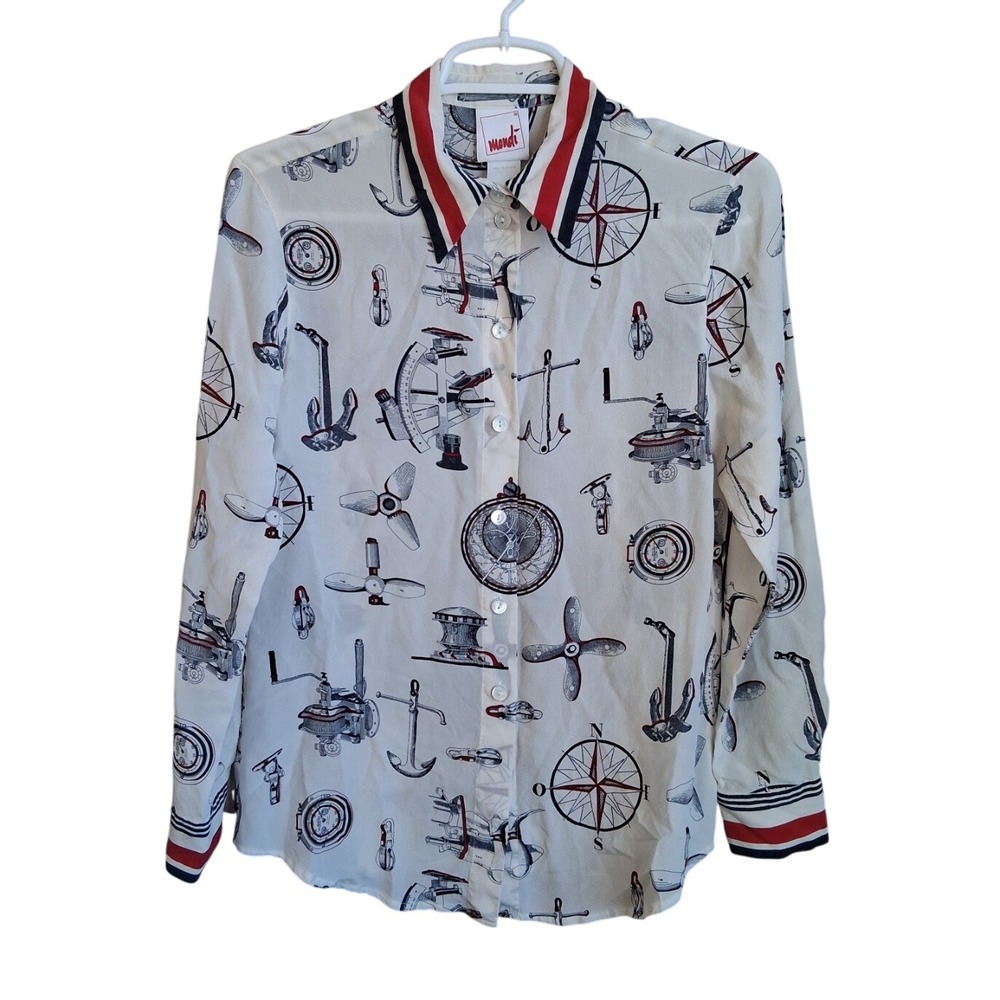 Mondi Ladies' 100% Silk LS Blouse Small Button Front Nautical‎ Print Poland EUC
